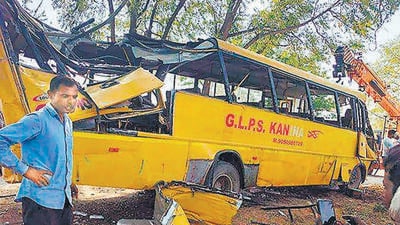 The damaged school bus in Mahendergarh on Thursday. (PTI) The damaged school bus in Mahendergarh on Thursday. (PTI)