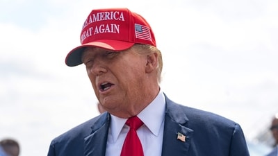 Former U.S. President Donald Trump speaks to the media as he arrives at the Atlanta Airport on April 10, 2024 in Atlanta, Georgia.(Photo by Megan Varner / GETTY IMAGES NORTH AMERICA / Getty Images via AFP) (Getty Images via AFP) Former U.S. President Donald Trump speaks to the media as he arrives at the Atlanta Airport on April 10, 2024 in Atlanta, Georgia.(Photo by Megan Varner / GETTY IMAGES NORTH AMERICA / Getty Images via AFP) (Getty Images via AFP)