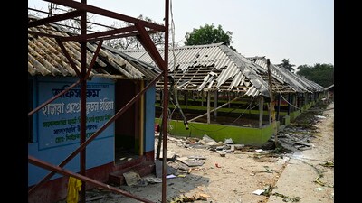 Vandalised farm house of arrested TMC leader Shibaprasad Hazra over land grab and violence against women at Sandeshkhali in North 24 Parganas in West Bengal. (HT FILE PHOTO/Samir Jana) Vandalised farm house of arrested TMC leader Shibaprasad Hazra over land grab and violence against women at Sandeshkhali in North 24 Parganas in West Bengal. (HT FILE PHOTO/Samir Jana)
