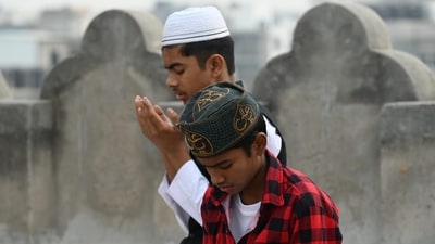 Muslims participate in Eid-ul-Fitr prayers (namaz) at Jama Masjid in Uttar Pradesh's Noida. As the holy month of Ramadan concludes, Muslims worldwide embrace the festive spirit of Eid (Sunil Ghosh/HT Photo)
