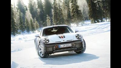 With its 480hp, 3.0-litre twin turbo engine, the Dakar edition of the Porsche 911 drives perfectly well on slippery surfaces.