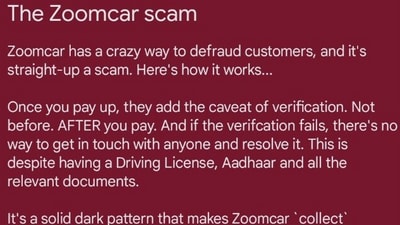 The image shows a part of the note that a man shared on his experience with Zoomcar. (X/@adadithya) The image shows a part of the note that a man shared on his experience with Zoomcar. (X/@adadithya)