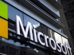 Microsoft  security lapse: A Microsoft logo is seen on an office building in New York City, US.