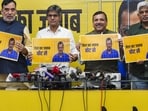 AAP leaders Sanjay Singh, Gopal Rai, Sandeep Pathak and Pankaj Gupta during a Press conference in New Delhi on Monday (PTI)