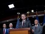 Representative Tim Burchett, a Republican from Tennessee, center, speaks during a news conference on FISA reauthorization at the US Capitol in Washington, DC, US, on Tuesday, Feb. 13, 2024. The outcome on a Foreign Intelligence Surveillance Act (FISA) compromise is in nebulous in large part because the House, and in particular the GOP conference, is so divided on the issue. Photographer: Al Drago/Bloomberg