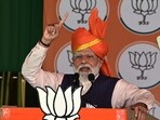 Prime Minister Narendra Modi addresses a public rally ahead of the Lok Sabha Election in Udhampur, some 65 km from Jammu City, on April 12, 2024.(Photo By Waseem Andrabi /Hindustan Times)