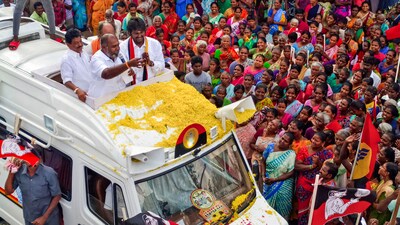 AIADMK Vice President RB Udhayakumar during a roadshow at Tirumangalam while campaigning in support of DMK candidate from Virudhunagar constituency Vijaya Prabhakaran, in Madurai district, Tamil Nadu. (PTI) AIADMK Vice President RB Udhayakumar during a roadshow at Tirumangalam while campaigning in support of DMK candidate from Virudhunagar constituency Vijaya Prabhakaran, in Madurai district, Tamil Nadu. (PTI)