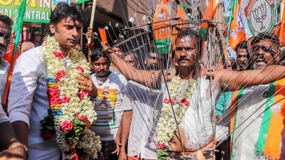 BJP candidate from Central Chennai constituency Vinoj P Selvam with one of his supporters, who pierced his body with 108 steel tridents during an election campaign rally in Chennai, Tamil Nadu. (ANI) BJP candidate from Central Chennai constituency Vinoj P Selvam with one of his supporters, who pierced his body with 108 steel tridents during an election campaign rally in Chennai, Tamil Nadu. (ANI)