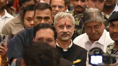 External affairs minister S Jaishankar (C) arrives at the public function on Friday. (Mahendra Kolhe/HT) External affairs minister S Jaishankar (C) arrives at the public function on Friday. (Mahendra Kolhe/HT)