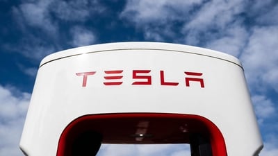 (FILES) A Tesla Supercharger electrical vehicle charging station in Falls Church, Virginia, February 13, 2023.  (Photo by SAUL LOEB / AFP) (AFP)