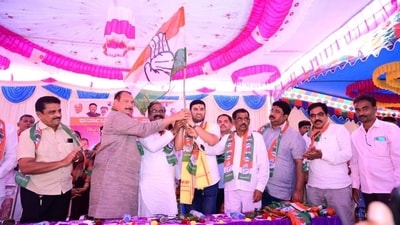 Speculations have been rife about his father Shivaram Hebbar, an MLA from Yellapur assembly segment, also planning to join the Congress. (Gururaj Anjan/X) Speculations have been rife about his father Shivaram Hebbar, an MLA from Yellapur assembly segment, also planning to join the Congress. (Gururaj Anjan/X)