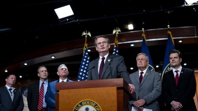 Representative Tim Burchett, a Republican from Tennessee, center, speaks during a news conference on FISA reauthorization at the US Capitol in Washington, DC, US, on Tuesday, Feb. 13, 2024. The outcome on a Foreign Intelligence Surveillance Act (FISA) compromise is in nebulous in large part because the House, and in particular the GOP conference, is so divided on the issue. Photographer: Al Drago/Bloomberg (Bloomberg) Representative Tim Burchett, a Republican from Tennessee, center, speaks during a news conference on FISA reauthorization at the US Capitol in Washington, DC, US, on Tuesday, Feb. 13, 2024. The outcome on a Foreign Intelligence Surveillance Act (FISA) compromise is in nebulous in large part because the House, and in particular the GOP conference, is so divided on the issue. Photographer: Al Drago/Bloomberg (Bloomberg)