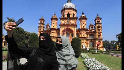 In this picture taken on March 13, 2024, girls take their selfie in front of Raza Library in Rampur. India’s 220 million Muslims make up 14% of the 1.4 billion population. (AFP Photo) In this picture taken on March 13, 2024, girls take their selfie in front of Raza Library in Rampur. India’s 220 million Muslims make up 14% of the 1.4 billion population. (AFP Photo)