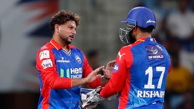 Delhi Capitals' Kuldeep Yadav, left, celebrates with captain Rishabh Pant (AP) Delhi Capitals' Kuldeep Yadav, left, celebrates with captain Rishabh Pant (AP)