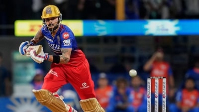 RCB batter Virat Kohli plays a shot. (PTI) RCB batter Virat Kohli plays a shot. (PTI)