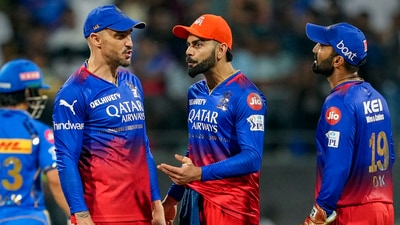 Royal Challengers Bengaluru captain Faf du Plessis (L), Virat Kohli (C) and Dinesh Karthik during the IPL 2024 cricket match against Mumbai Indians (PTI) Royal Challengers Bengaluru captain Faf du Plessis (L), Virat Kohli (C) and Dinesh Karthik during the IPL 2024 cricket match against Mumbai Indians (PTI)