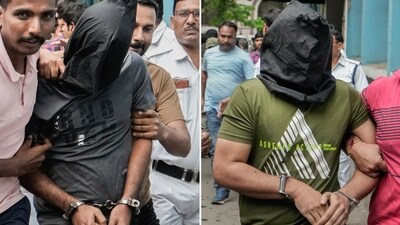 Combo photo of accused in the Bengaluru Cafe blast case being brought to be produced at court by NIA officials, in Kolkata, Friday, April 12. (PTI) Combo photo of accused in the Bengaluru Cafe blast case being brought to be produced at court by NIA officials, in Kolkata, Friday, April 12. (PTI)