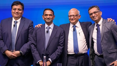 TCS salary hike 2024: TCS increments were in double digits for top performers. (In photo: TCS CEO K Krithivasan with TCS COO Natarajan Ganapathy Subramaniam, Executive Vice President and CHRO in TCS Milind Lakkad and TCS CFO Samir Seksaria.) (PTI) TCS salary hike 2024: TCS increments were in double digits for top performers. (In photo: TCS CEO K Krithivasan with TCS COO Natarajan Ganapathy Subramaniam, Executive Vice President and CHRO in TCS Milind Lakkad and TCS CFO Samir Seksaria.) (PTI)