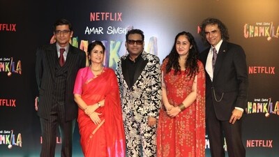 With Amar Singh Chamkila, Imtiaz Ali and AR Rahman collaborated again after the 2011 film Rockstar, headlined by Ranbir Kapoor. The music composer posed with Imtiaz and others at their film's screening on Thursday. 