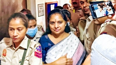BRS leader K Kavitha being brought to Rouse Avenue court. (ANI Photo) BRS leader K Kavitha being brought to Rouse Avenue court. (ANI Photo)