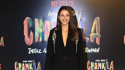 Triptii Dimri and many other celebs were spotted at the Amar Singh Chamkila screening. The actor wore a black pantsuit and posed solo on the red carpet before watching the Diljit Dosanjh and Parineeti Chopra film. 