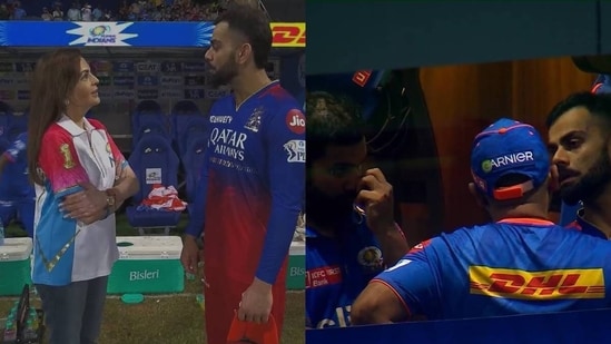 Virat Kohli with Mrs. Ambani (L) and Rohit Sharma (R) after the match. (Screengrab)