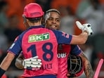 Rajasthan Royals' Shimron Hetmyer and his teammate Trent Boult (front) celebrate after winning vs Punjab Kings Rajasthan Royals' Shimron Hetmyer and his teammate Trent Boult (front) celebrate after winning vs Punjab Kings