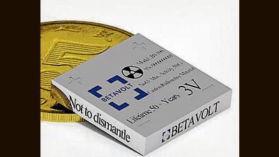 A BetaVolt atomic battery about the size of a coin could allow a drone, which can currently fly for about 15 minutes at a time, to fly for years on end. A BetaVolt atomic battery about the size of a coin could allow a drone, which can currently fly for about 15 minutes at a time, to fly for years on end.