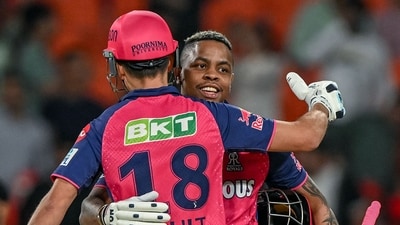 Rajasthan Royals' Shimron Hetmyer and his teammate Trent Boult (front) celebrate after winning vs Punjab Kings (AFP) Rajasthan Royals' Shimron Hetmyer and his teammate Trent Boult (front) celebrate after winning vs Punjab Kings (AFP)