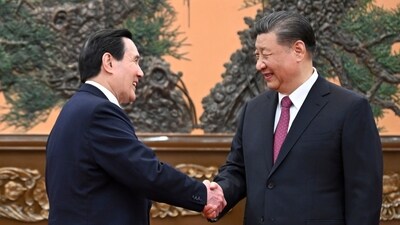 In this photo released by Xinhua News Agency, Chinese President Xi Jinping, right, shakes hands with former Taiwanese President Ma Ying-jeou as they meet in Beijing on Wednesday, April 10, 2024 in a bid to promote unification between the sides that separated amid civil war in 1949.(Ju Peng/Xinhua via AP) (AP)