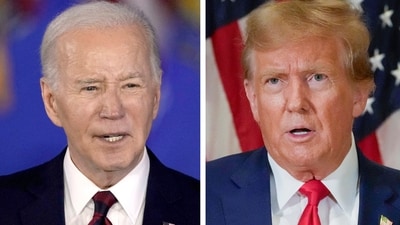 In this combination photo, President Joe Biden speaks in Milwaukee, March 13, 2024, left, and former President Donald Trump speaks in New York, Jan. 11, 2024. Voters in Wisconsin, New York, Connecticut and Rhode Island will weigh in Tuesday, April 2, on their parties' presidential nominees, a largely symbolic vote now that both Biden and Trump have locked up the Democratic and Republican nominations. (AP Photo) (AP)