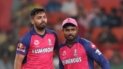 Rajasthan Royals' captain Sanju Samson, right, and Avesh Khan (AP) Rajasthan Royals' captain Sanju Samson, right, and Avesh Khan (AP)