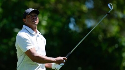 Tiger Woods watches his tee shot on the fourth hole during third round at the Masters golf tournament at Augusta National Golf Club Saturday, April 13, 2024, in Augusta, Ga. (AP) Tiger Woods watches his tee shot on the fourth hole during third round at the Masters golf tournament at Augusta National Golf Club Saturday, April 13, 2024, in Augusta, Ga. (AP)