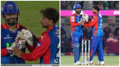 Kuldeep Yadav grabbed Rishabh Pant's hand to make DRS sign during the IPL 2024 against RR (IPL/Jio Cinema)
