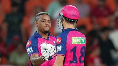Rajasthan Royals batters Shimron Hetmyer and Trent Boult celebrate their victory over PBKS (PTI) Rajasthan Royals batters Shimron Hetmyer and Trent Boult celebrate their victory over PBKS (PTI)