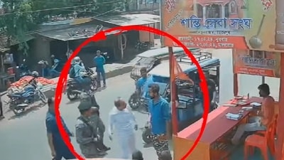 Screengrab of video shared by TMC showing Adhir Ranjan Chowdhury getting into an altercation. (X/ @AITCofficial) Screengrab of video shared by TMC showing Adhir Ranjan Chowdhury getting into an altercation. (X/ @AITCofficial)