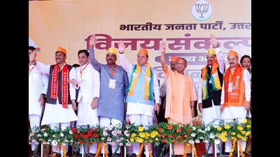 Uttar Pradesh Chief Minister Yogi Adityanath along with Uttarakhand Chief Minister Pushkar Singh Dhami and others during a public meeting in support of Union Minister of State for Defence and Bharatiya Janata Party (BJP) candidate Ajay Bhatt ahead of Lok Sabha polls, on Saturday (Pawan Kumar/ ANI) Uttar Pradesh Chief Minister Yogi Adityanath along with Uttarakhand Chief Minister Pushkar Singh Dhami and others during a public meeting in support of Union Minister of State for Defence and Bharatiya Janata Party (BJP) candidate Ajay Bhatt ahead of Lok Sabha polls, on Saturday (Pawan Kumar/ ANI)