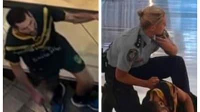 Sydney mall stabbing: Footage of attacker (left) and the cop after neutralising him. (Social media) Sydney mall stabbing: Footage of attacker (left) and the cop after neutralising him. (Social media)