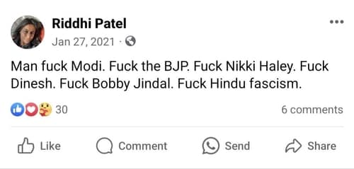 Riddhi Patel's 2021 Facebook post targetting Modi resurfaces online after her "outrageous speech" in which she threatened to "murder" city officials and Mayor Karen Goh. Riddhi Patel's 2021 Facebook post targetting Modi resurfaces online after her "outrageous speech" in which she threatened to "murder" city officials and Mayor Karen Goh.