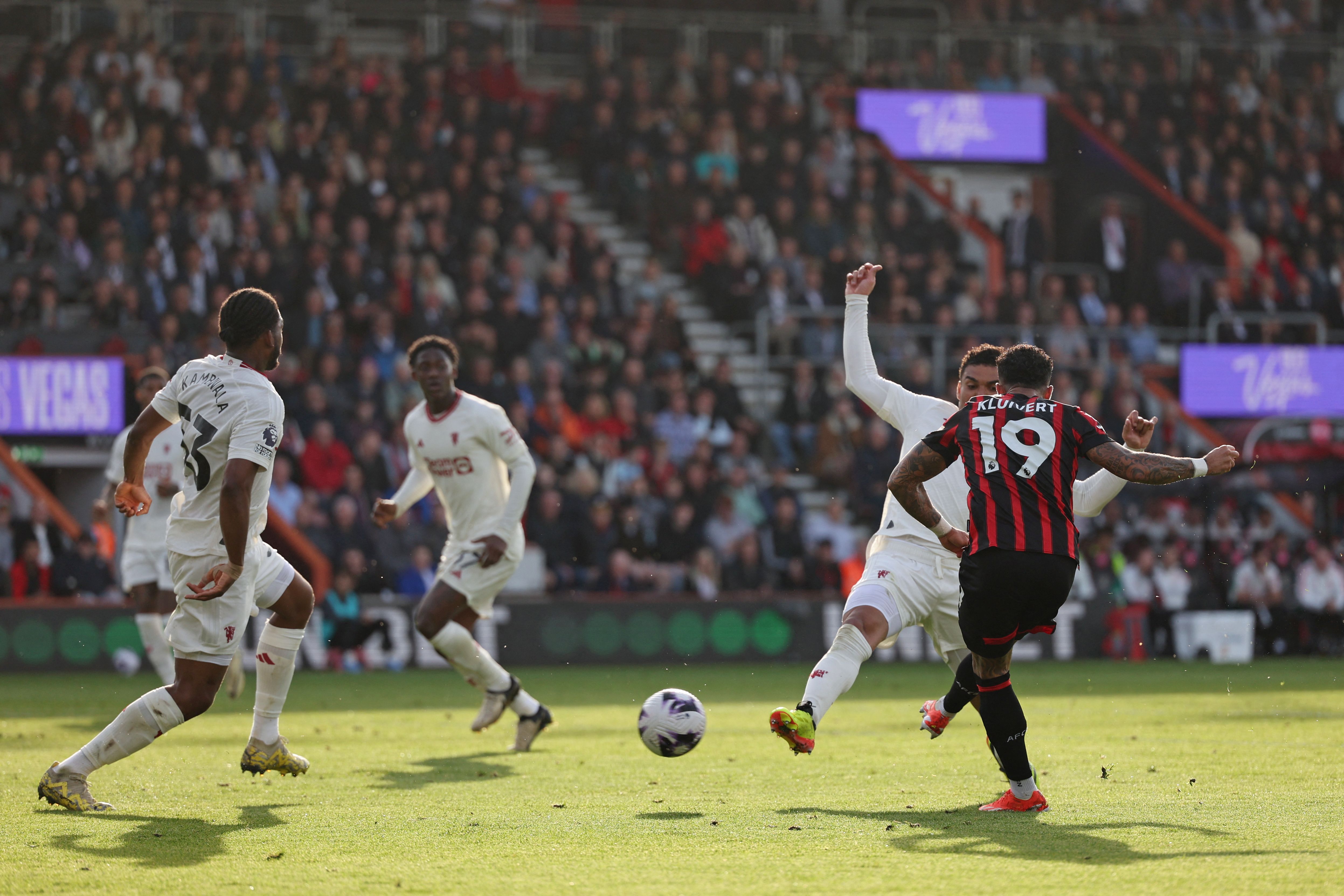Manchester United vs Bournemouth: Manager Ten Hag watched in disbelief as his side gave the initiative over to Bournemouth. Bournemouth's Dutch striker (#19) Justin Kluivert shoots to score their second goal. (AFP) Manchester United vs Bournemouth: Manager Ten Hag watched in disbelief as his side gave the initiative over to Bournemouth. Bournemouth's Dutch striker (#19) Justin Kluivert shoots to score their second goal. (AFP)