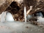 A view of the holy 'Shivlinga' full formed at the cave of Amarnath temple during an annual pilgrimage. 