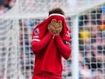 Liverpool vs Crystal Palace: Curtis Jones reacts after missing a scoring chance during the match against Crystal Palace at Anfield Stadium. Liverpool vs Crystal Palace: Curtis Jones reacts after missing a scoring chance during the match against Crystal Palace at Anfield Stadium.
