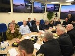 Benjamin Netanyahu (C) during a War Cabinet meeting at the Kirya in Tel Aviv. Benjamin Netanyahu (C) during a War Cabinet meeting at the Kirya in Tel Aviv.