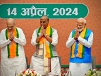 Prime Minister Narendra Modi stands with senior Bharatiya Janata Party (BJP) leaders, Home Minister Amit Shah, Defence Minister Rajnath Singh at an event during which he released BJP's manifesto for the upcoming Lok Sabha election Prime Minister Narendra Modi stands with senior Bharatiya Janata Party (BJP) leaders, Home Minister Amit Shah, Defence Minister Rajnath Singh at an event during which he released BJP's manifesto for the upcoming Lok Sabha election