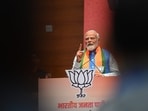 Prime Minister  Narendra Modi at the BJP's Sankalp Patra launch event for the Lok Sabha Elections 2024 at BJP headquarters in New Delhi on Sunday. (Ajay Aggarwal/HT photo)