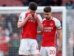 Arsenal's Declan Rice and Jorginho look dejected after the match 