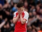 Arsenal vs Aston Villa: Declan Rice reacts after yet another wasted chance against Villa.