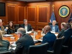 US president Joe Biden (C) in a meeting with his national security team in Washington, DC, after Iran launched a drone and missile attack on Israel. US president Joe Biden (C) in a meeting with his national security team in Washington, DC, after Iran launched a drone and missile attack on Israel.