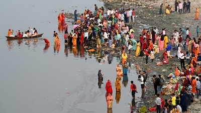 On Sunday, April 14, India celebrated the auspicious festival of Chaiti Chhath. This ancient Hindu festival is observed during the Chaitra month and is considered a significant four-day event. During this festival, women worship the Sun god, and the celebration culminates on Saptami with the offering of Arghya to the rising sun. This year, the festival of Chaiti Chhath began on April 12 and will continue until April 15, 2024. Let's explore how the third day of the Chaiti Chhath puja festival is observed in various parts of India. (Photo by Sunil Ghosh / Hindustan Times) On Sunday, April 14, India celebrated the auspicious festival of Chaiti Chhath. This ancient Hindu festival is observed during the Chaitra month and is considered a significant four-day event. During this festival, women worship the Sun god, and the celebration culminates on Saptami with the offering of Arghya to the rising sun. This year, the festival of Chaiti Chhath began on April 12 and will continue until April 15, 2024. Let's explore how the third day of the Chaiti Chhath puja festival is observed in various parts of India. (Photo by Sunil Ghosh / Hindustan Times)