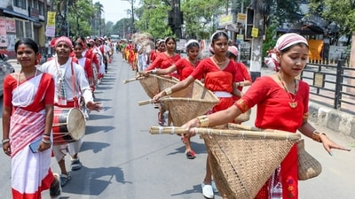 A cultural procession being taken out by Guwahati Bihu Sanmilian on the occasion of Rongali Bihu in Guwahati. (ANI) A cultural procession being taken out by Guwahati Bihu Sanmilian on the occasion of Rongali Bihu in Guwahati. (ANI)